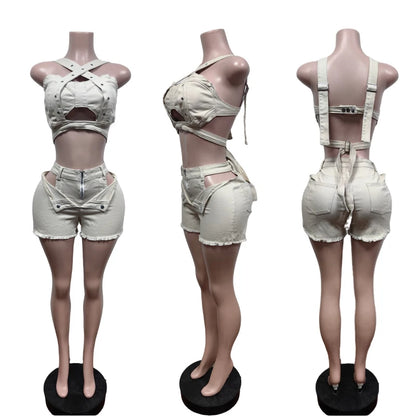 Ensemble short en jean sexy pour femmes, haut court en denim à bretelles et short découpé, vêtements d’été 2025, streetwear, tenue de club deux pièces