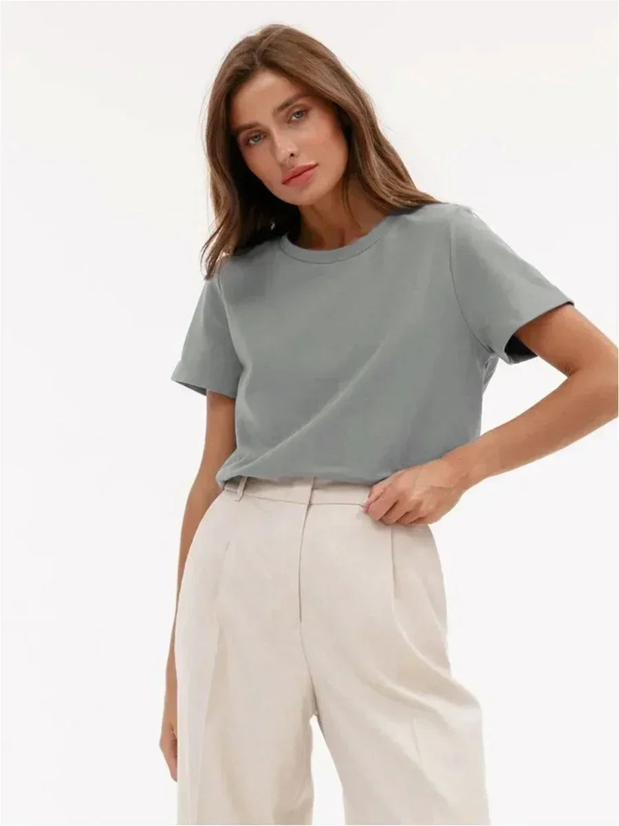 Bornladies Summer T-shirt femme 100 % coton, basique, tendance, uni, manches courtes, haut à superposer ample, 230 g/m², hauts et chemises