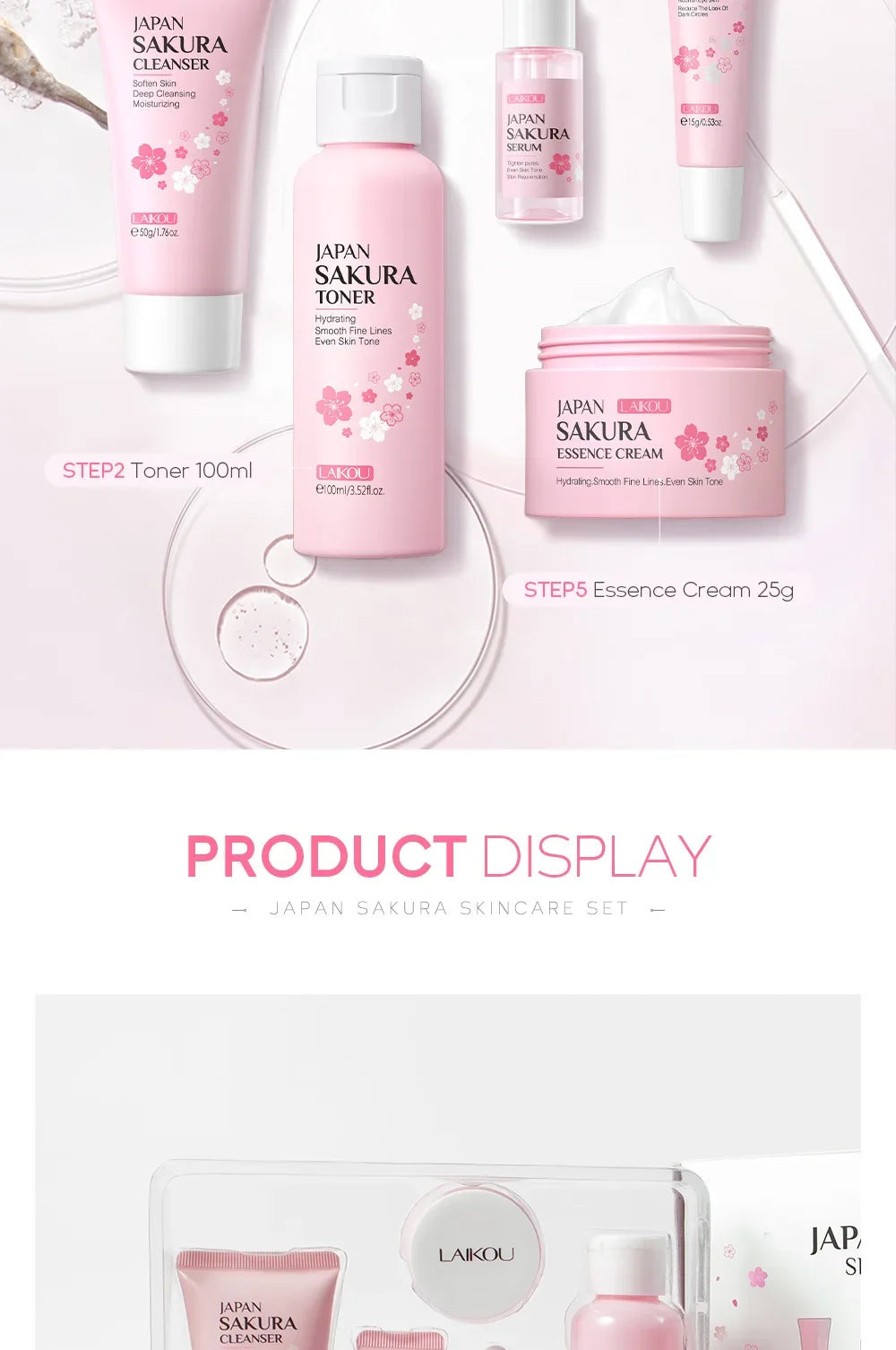Ensemble de soins de la peau LAIKOU Sakura Kit hydratant et réduisant les ridules, produit nettoyant pour les pores, coffret de 5 pièces, cadeau de la Journée des femmes coréennes