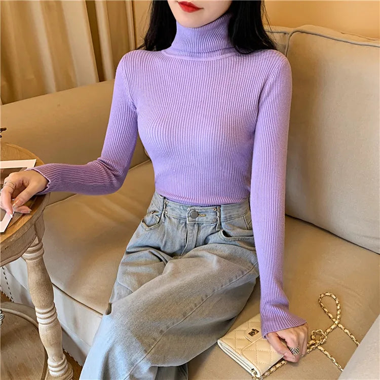 Pull femme automne-hiver 2026 à manches longues en maille, col roulé rabattable côtelé, doux et chaud, jumper pullover vêtements pour femme