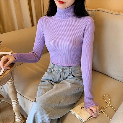 Pull femme automne-hiver 2026 à manches longues en maille, col roulé rabattable côtelé, doux et chaud, jumper pullover vêtements pour femme