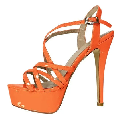 Sandales à plateforme pour femmes sexy 14 cm, défilés de mode, bout ouvert, talons hauts, stilettos à motif serpent, bride à la cheville, chaussures de soirée style gladiateur
