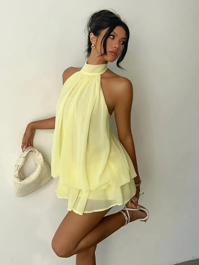 Robe à encolure licou pour femme, dos nu, en chiffon transparent à nouer sur le devant, mini-jupe, robe de fête tendance, sexy, Y2K, vintage, mignonne pour anniversaire