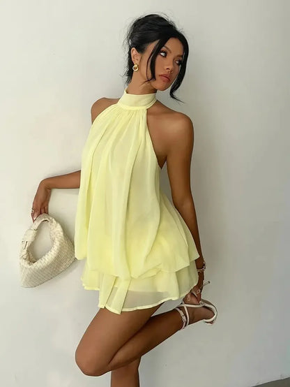 Robe à encolure licou pour femme, dos nu, en chiffon transparent à nouer sur le devant, mini-jupe, robe de fête tendance, sexy, Y2K, vintage, mignonne pour anniversaire