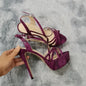 Sandales à plateforme pour femmes sexy 14 cm, défilés de mode, bout ouvert, talons hauts, stilettos à motif serpent, bride à la cheville, chaussures de soirée style gladiateur