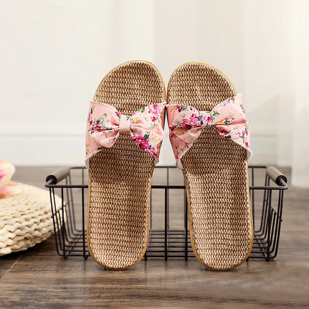 Chaussures pour femme Sandales Mujer Femmes Féminines Nœud décoratif Lin en toile Tongs Chaussures de plage Sandales Pantoufles Chaussures Femme