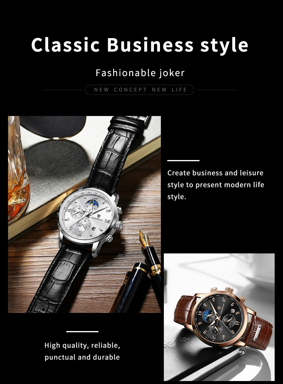 Montre-bracelet de luxe pour femme LIGE, bracelet en cuir, étanche, décontractée et sportive, à quartz, avec affichage 24 heures et phase de lune.