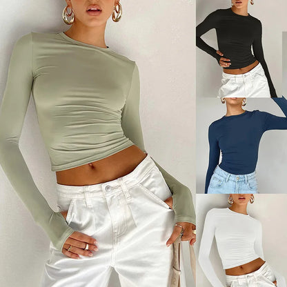 T-shirt femme mode à manches longues, col rond, uni, coupe slim, crop top pour femmes avec trous pour les pouces, pour le quotidien, streetwear d’été, camisoles
