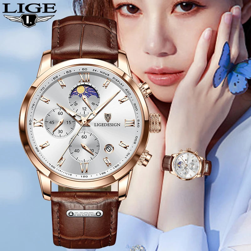 Montre-bracelet de luxe pour femme LIGE, bracelet en cuir, étanche, décontractée et sportive, à quartz, avec affichage 24 heures et phase de lune.