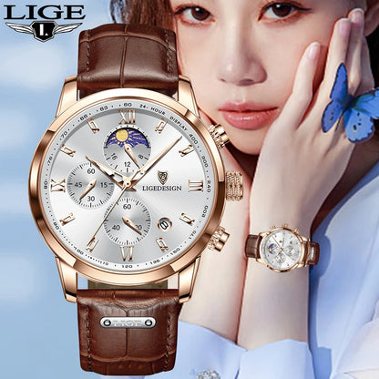 Montre-bracelet de luxe pour femme LIGE, bracelet en cuir, étanche, décontractée et sportive, à quartz, avec affichage 24 heures et phase de lune.