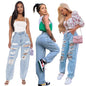 Pantalon en denim déchiré pour femmes, jean élastique de printemps, mode femme : jeans déchirés décontractés taille haute, pantalon à jambe droite