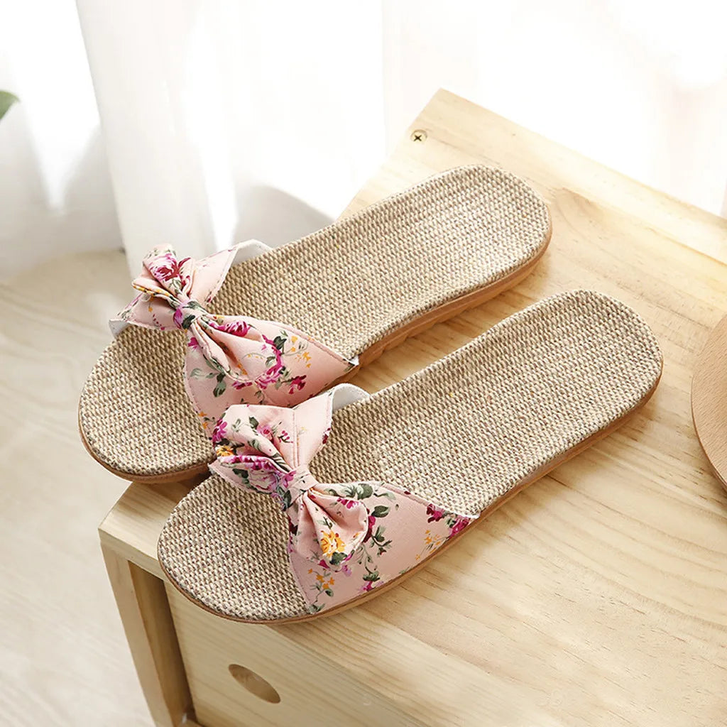 Chaussures pour femme Sandales Mujer Femmes Féminines Nœud décoratif Lin en toile Tongs Chaussures de plage Sandales Pantoufles Chaussures Femme