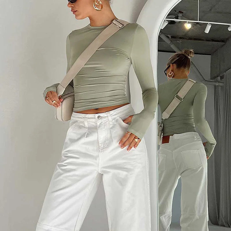 T-shirt femme mode à manches longues, col rond, uni, coupe slim, crop top pour femmes avec trous pour les pouces, pour le quotidien, streetwear d’été, camisoles