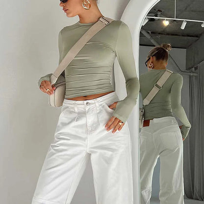 T-shirt femme mode à manches longues, col rond, uni, coupe slim, crop top pour femmes avec trous pour les pouces, pour le quotidien, streetwear d’été, camisoles