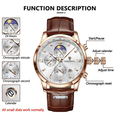 Montre-bracelet de luxe pour femme LIGE, bracelet en cuir, étanche, décontractée et sportive, à quartz, avec affichage 24 heures et phase de lune.