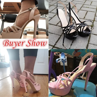 Sandales à plateforme pour femmes sexy 14 cm, défilés de mode, bout ouvert, talons hauts, stilettos à motif serpent, bride à la cheville, chaussures de soirée style gladiateur