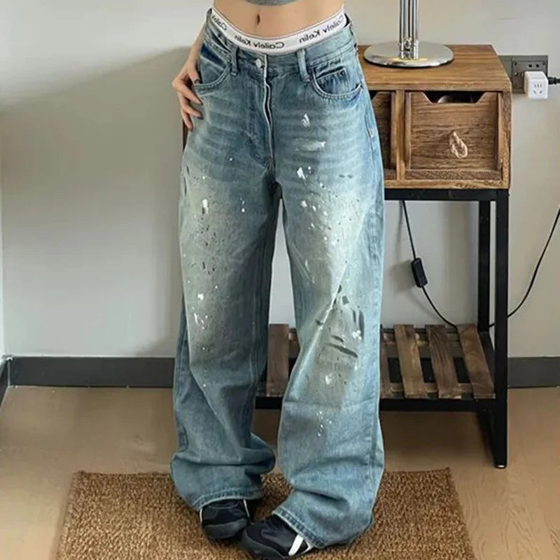 Pantalons jeans taille haute pour femme de créateur, pantalons en denim amples à imprimé chic pour femme, jeans fins à jambes droites tendance pour filles, pantalons en denim.