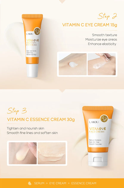 Ensemble de soins de la peau à la vitamine C LAIKOU 3 pièces : crème pour le visage, sérum et crème contour des yeux, hydratant, anti-rides, kit de soins du visage
