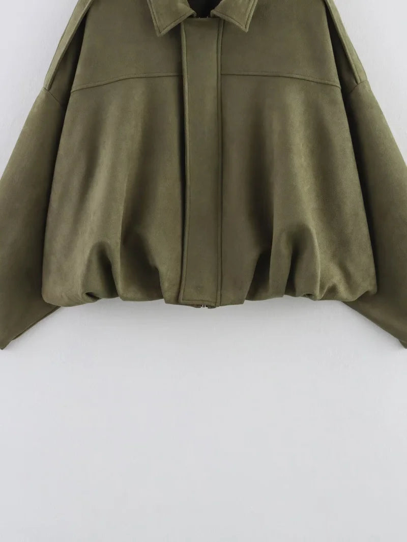 ETJ 2025 nouvelle veste bomber femme de printemps à effet suédine, coupe ample, col à revers, style mode, épaules marquéess
