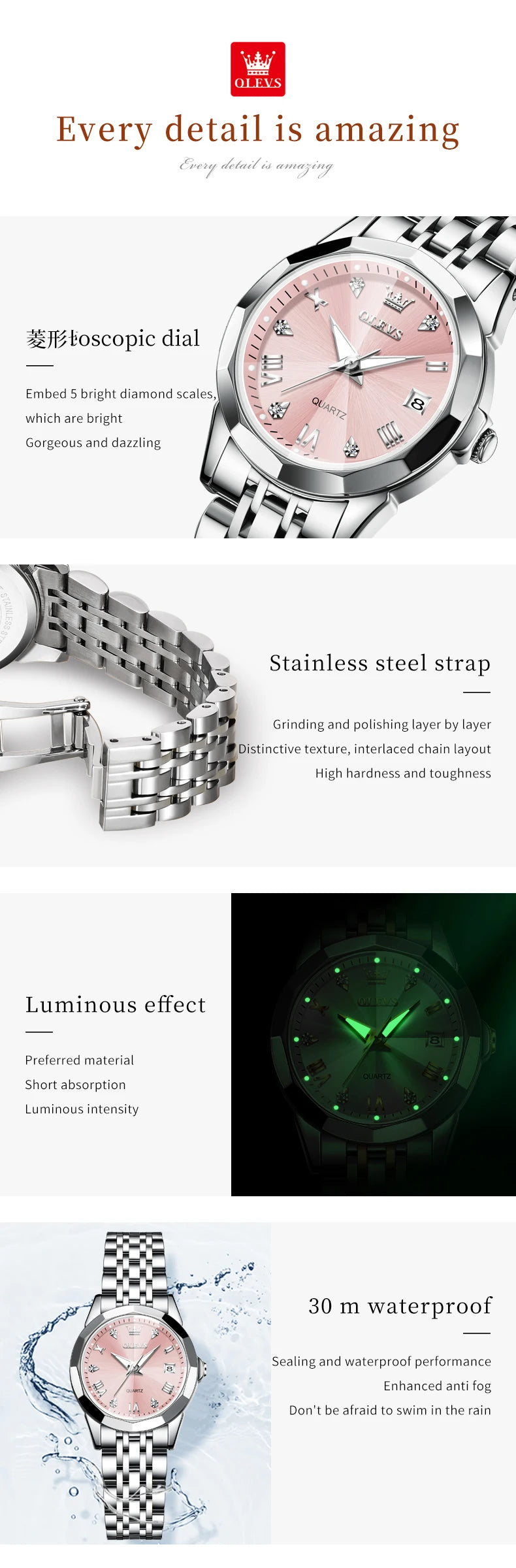 Montres pour femmes OLEVS élégantes et luxueuses avec bracelet en acier inoxydable, montre-bracelet à quartz originale pour homme, étanche, lumineuse, avec date, tendance habillée