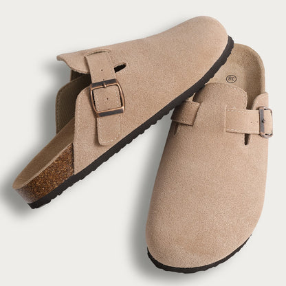 Litfun Nouveaux sabots pour femmes, mules en suède de liège tendance pour femmes, chaussons classiques en liège antidérapants pour l’extérieur avec soutien de la voûte plantaire