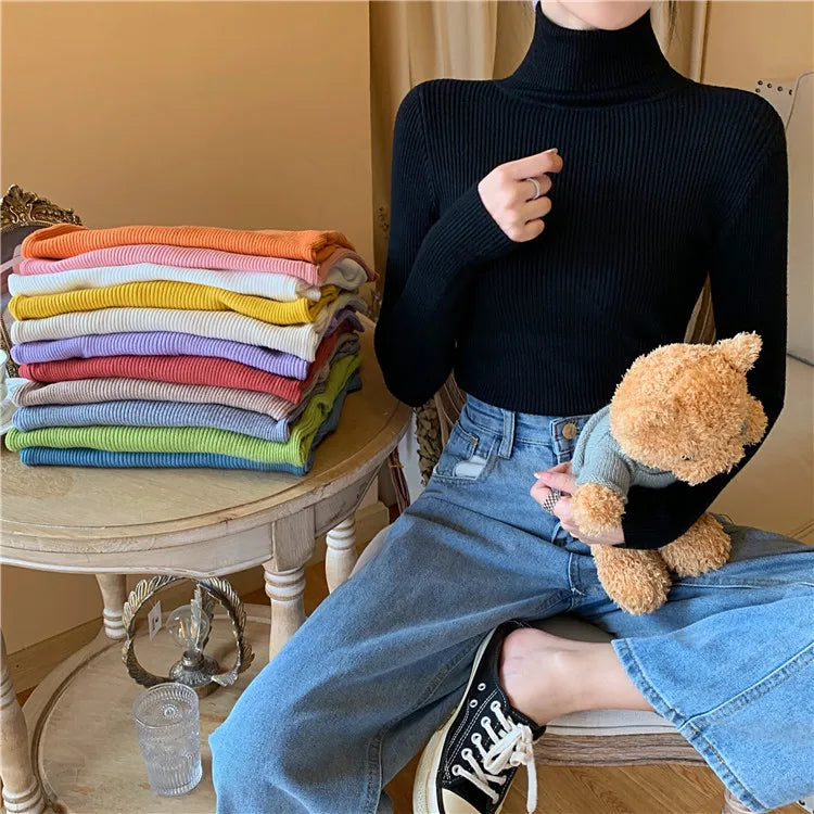 Pull femme automne-hiver 2026 à manches longues en maille, col roulé rabattable côtelé, doux et chaud, jumper pullover vêtements pour femme