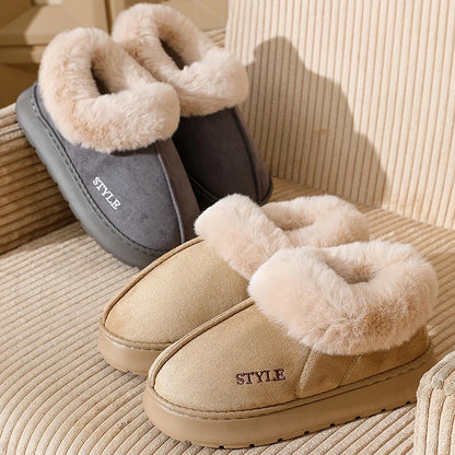 Pantoufles moelleuses pour femmes et hommes, chaussures d’intérieur d’hiver doublées en peluche, semelle épaisse antidérapante, bottes de neige chaudes, chaussures en coton duveteuses pour la maison