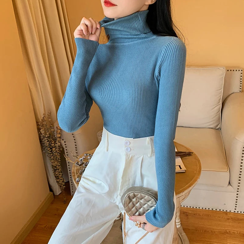 Pull femme automne-hiver 2026 à manches longues en maille, col roulé rabattable côtelé, doux et chaud, jumper pullover vêtements pour femme