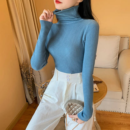 Pull femme automne-hiver 2026 à manches longues en maille, col roulé rabattable côtelé, doux et chaud, jumper pullover vêtements pour femme