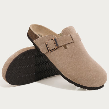 Mules en daim pour femmes Comwarm Fashion, pantoufles, sabots pour hommes, sandales à semelle intérieure en liège avec soutien de la voûte plantaire, claquettes d’extérieur pour la plage, chaussures d’intérieur