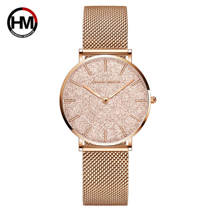 Montre pour femme HANNAH MARTIN en acier inoxydable de qualité, mouvement à quartz japonais, étanche, 36 mm, entièrement or rose, idéale pour le dropshipping.