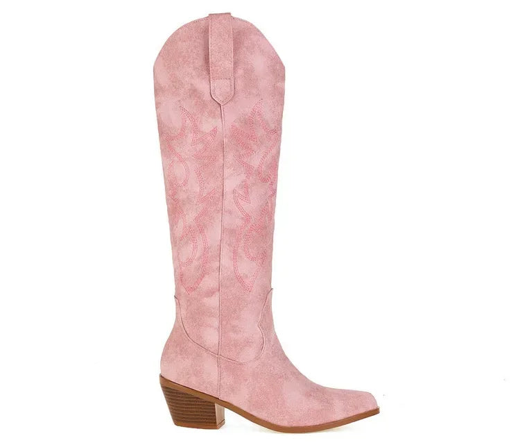 Bottes de chevalier à bout pointu pour femmes en cuir PU marron, bottes hautes jusqu’au genou pour femme, style western cowboy automne-hiver, longues bottes mujer 2024