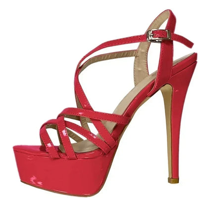 Sandales à plateforme pour femmes sexy 14 cm, défilés de mode, bout ouvert, talons hauts, stilettos à motif serpent, bride à la cheville, chaussures de soirée style gladiateur