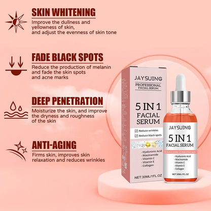 Sérum visage raffermissant 5 en 1 pour estomper les ridules, hydratant et éclaircissant, sérum facial à la vitamine C et à l’acide hyaluronique, resserre les pores, soin de la peau