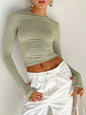 T-shirt femme mode à manches longues, col rond, uni, coupe slim, crop top pour femmes avec trous pour les pouces, pour le quotidien, streetwear d’été, camisoles