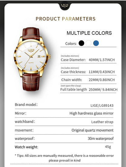 Montre Homme LIGE Nouvelle Montre de Luxe en Cuir Marron pour Homme, Montre Homme Mode Business, Montre Sport d’Extérieur Étanche à Quartz pour Homme