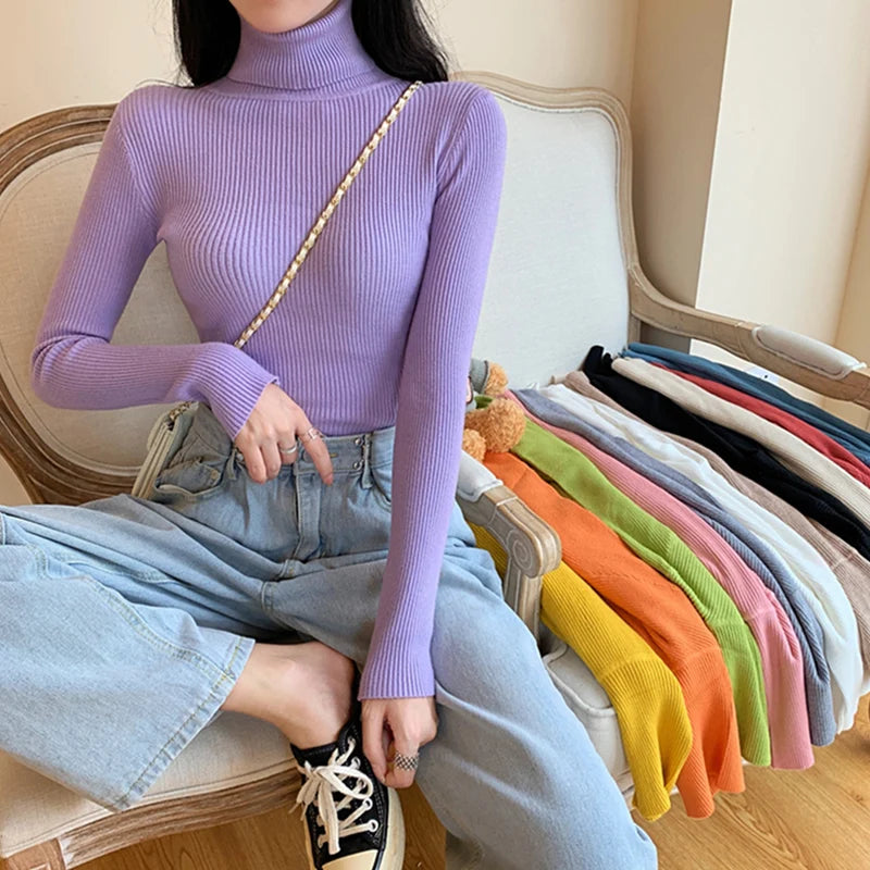 Pull femme automne-hiver 2026 à manches longues en maille, col roulé rabattable côtelé, doux et chaud, jumper pullover vêtements pour femme