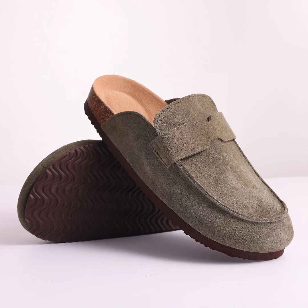 Litfun Nouveaux sabots pour femmes, mules en suède de liège tendance pour femmes, chaussons classiques en liège antidérapants pour l’extérieur avec soutien de la voûte plantaire