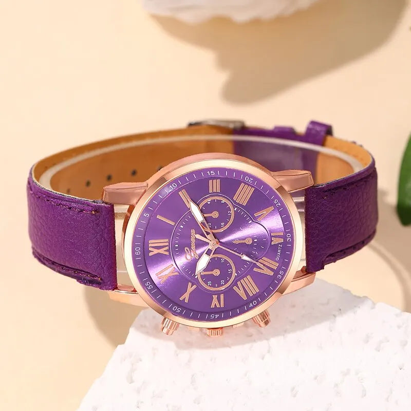 Montre Femme Fashion Montres pour Femmes Bracelet en Cuir Violet Quartz Montre-Bracelet pour Femmes Montre Décontractée et Professionnelle Relogio Feminino