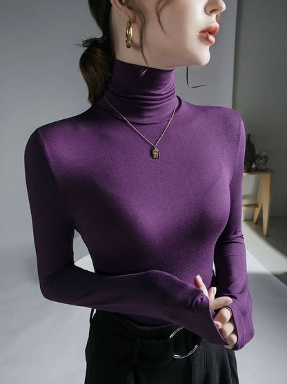 T-shirt femme à col roulé moulant vêtement 2025 haut noir pour femme t-shirt violet tee grunge esthétique simple pas cher stylé années 2000