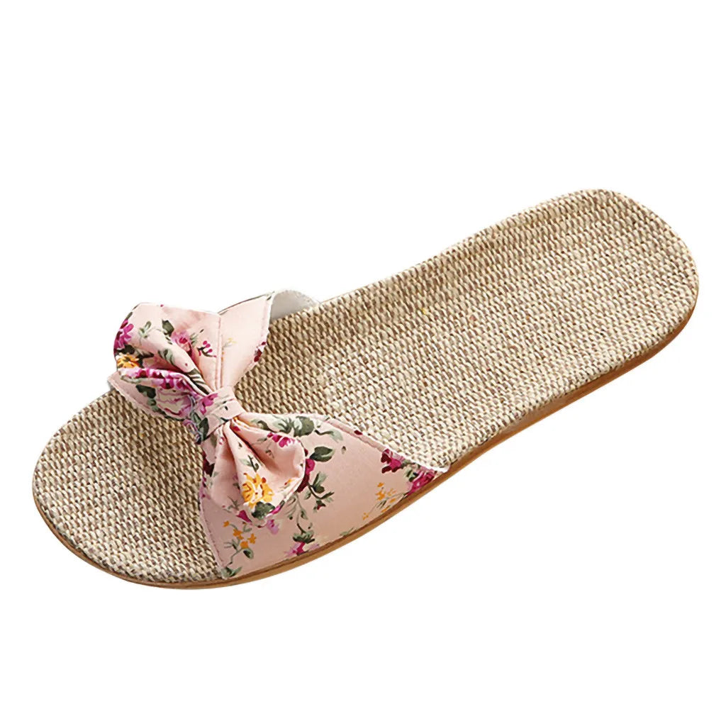 Chaussures pour femme Sandales Mujer Femmes Féminines Nœud décoratif Lin en toile Tongs Chaussures de plage Sandales Pantoufles Chaussures Femme