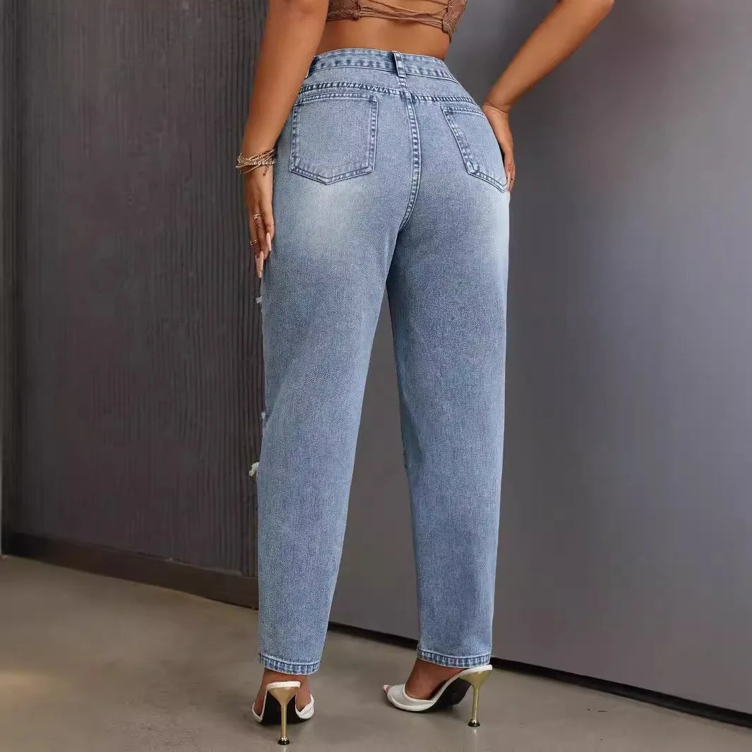 Mode européenne et américaine, jeans délavés et déchirés polyvalents et décontractés, nouveaux pantalons femme printemps-été à jambes étroites. Jeans 9 pouces