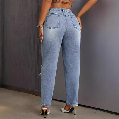 Mode européenne et américaine, jeans délavés et déchirés polyvalents et décontractés, nouveaux pantalons femme printemps-été à jambes étroites. Jeans 9 pouces