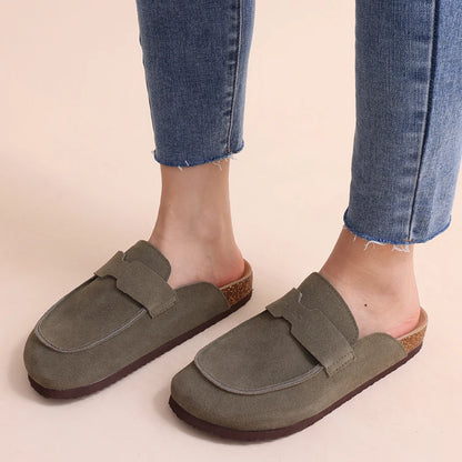 Litfun Nouveaux sabots pour femmes, mules en suède de liège tendance pour femmes, chaussons classiques en liège antidérapants pour l’extérieur avec soutien de la voûte plantaire