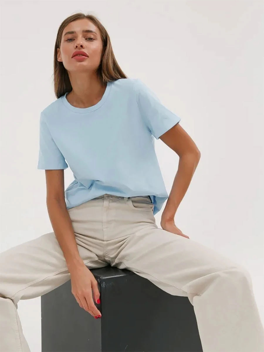 Bornladies Summer T-shirt femme 100 % coton, basique, tendance, uni, manches courtes, haut à superposer ample, 230 g/m², hauts et chemises