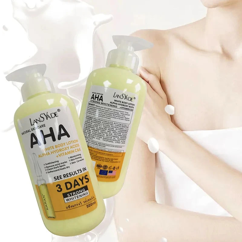 Lotion corporelle blanchissante 500 ml aux acides hydroxy AHA, vitamines C et E, lotion corporelle hydratante éclaircissante, élimine les marques d’acné, soin de la peau