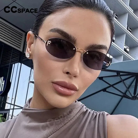 Lunettes de soleil de créateur de marque de luxe sans monture pour femmes, ovales rétro de petite taille, monture métallique, lunettes de soleil pour extérieur, style décontracté vacances, UV400 #300371