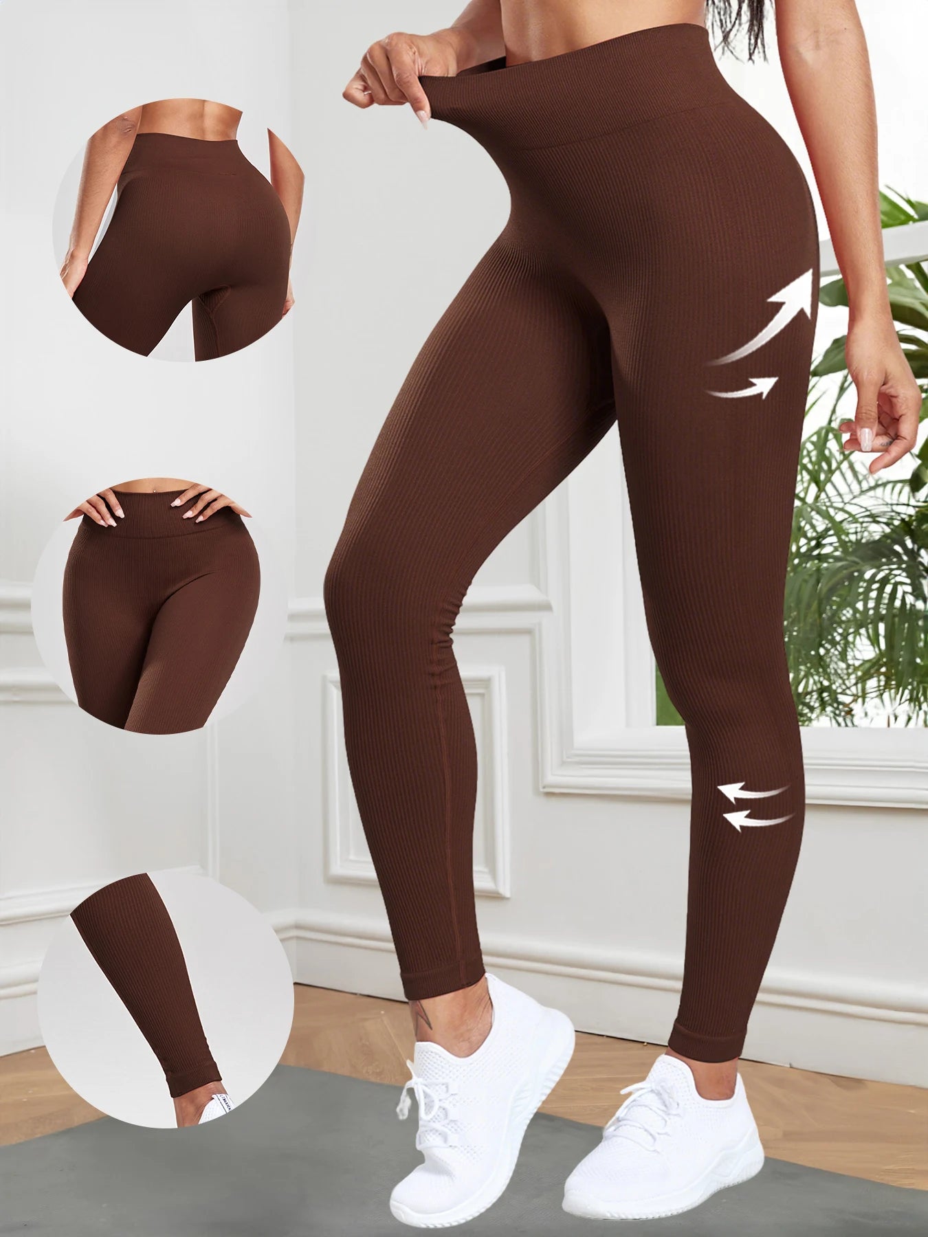 Leggings côtelés sans couture pour femmes, taille haute, effet galbant pour les fesses, collants d’entraînement, couleur unie, pantalon de fitness simple, vêtement décontracté