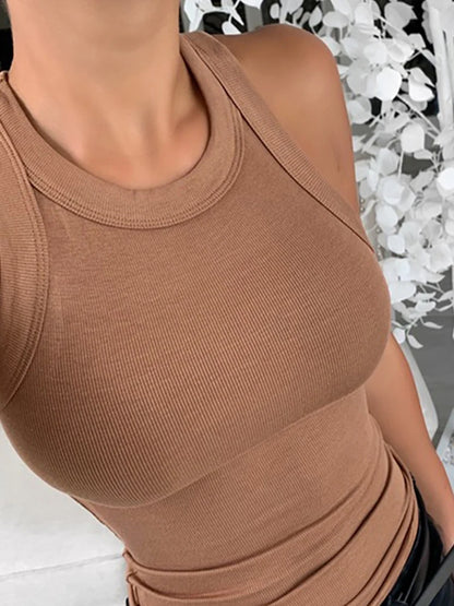 Débardeur côtelé uni à col rond pour femme, caraco pour femme, débardeur basique élastique d’été, débardeur uni à col rond