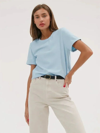 Bornladies Summer T-shirt femme 100 % coton, basique, tendance, uni, manches courtes, haut à superposer ample, 230 g/m², hauts et chemises